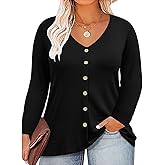 TIYOMI Plus Size Tops for Women Long Sleeve Henley V Neck Tunic Button T Shirts Fall Blouses XL-5XL