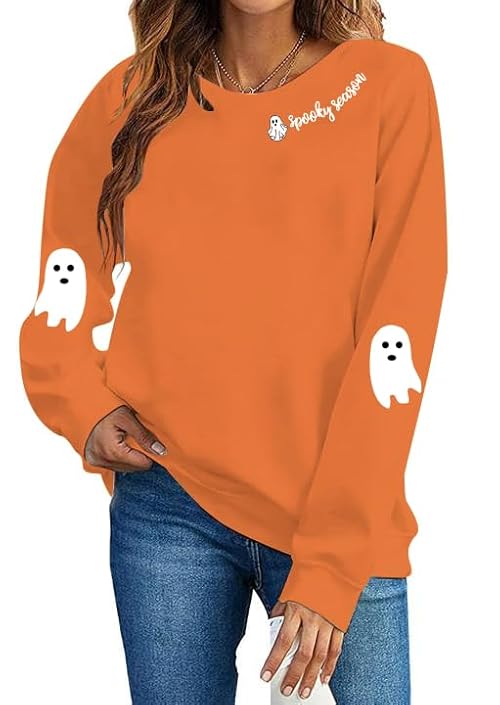 ECYJIO Spooky Season Sweatshirt For Women Halloween Sweatshirt Ghost Fall Long Sleeve Embroidered Pullover Tops Orange