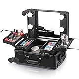 Ovonni Small LED Makeup Train Case, Lighted Rolling Travel Portable Cosmetic Organizer Box with Mirror and 4 Detachable Wheels, Professional Artist Trolley Studio Free Standing Workstation, Black
