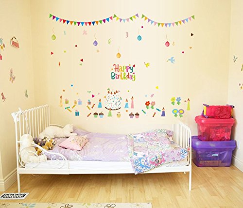 TOTOMO #W140 Happy Birthday Wall Decals Removable Wall Decor Decorative Painting Supplies & Wall Treatments Stickers for Girls Kids Living Room Bedroom