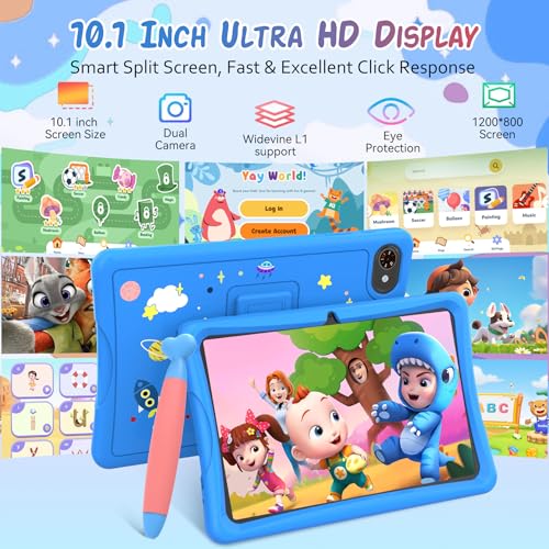 2026 Upgraded Kids Tablet 10 inch, Android 16 Tablets for Kids, Parental Control, Pre-Installed Kiddos Software & Kids Space, Includes Case & Stylus Pen, 12GB RAM 64GB ROM, 2TB Expand, HD IPS Screen