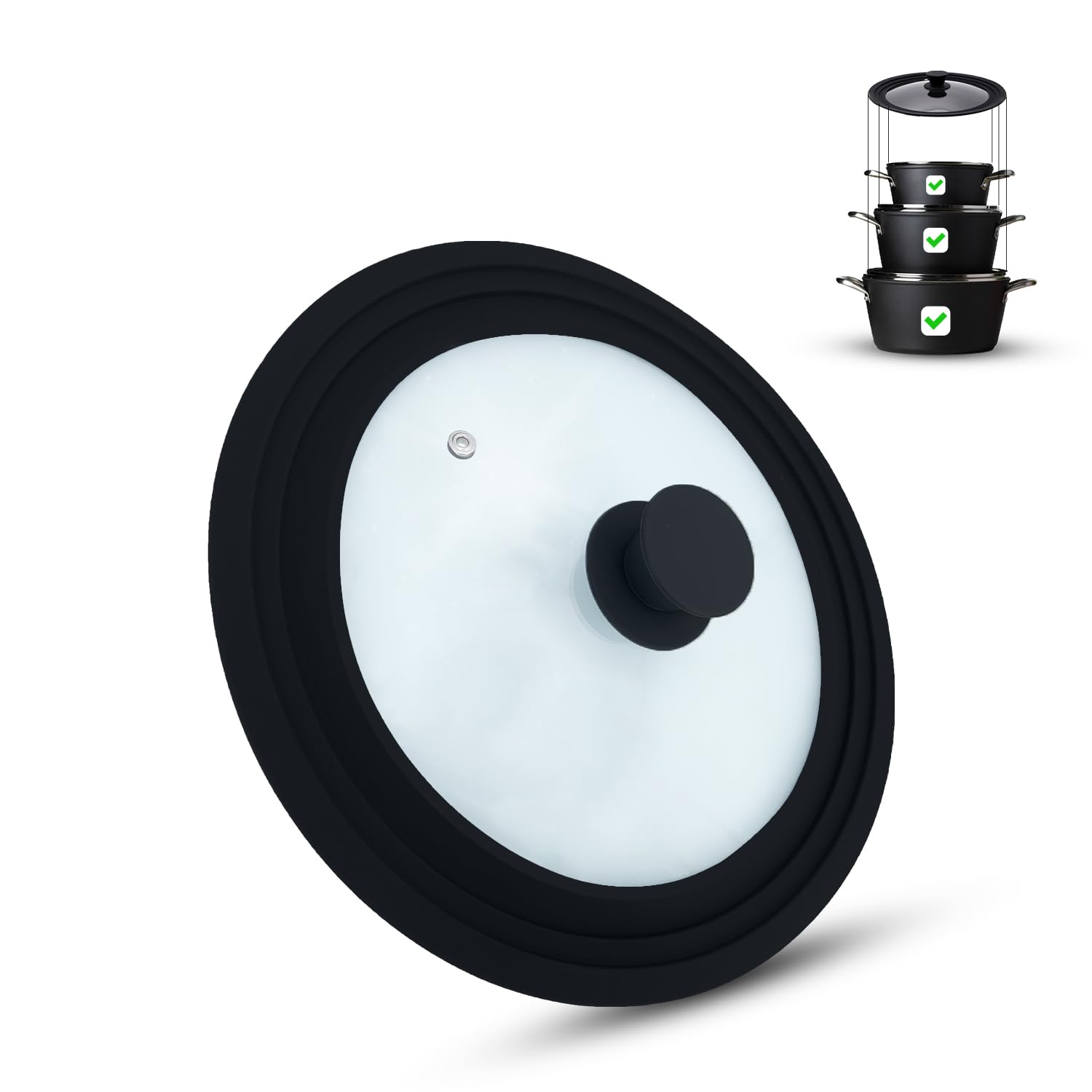 M.S.N Universal glass lid, pots and pans 28/30/32 cm, with outlet valve and silicone rim. (Black)