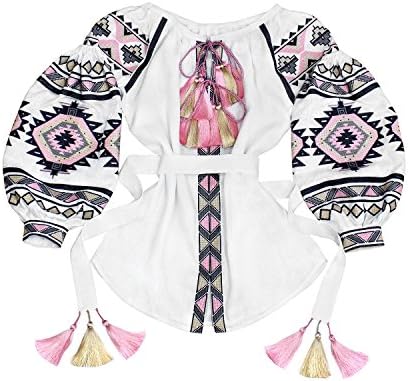 Embroidered White Blouse Boho Style Vyshyvanka Linen Loose Tasseled Long Sleeve Ethnic Ukrainian Peasant Blouse