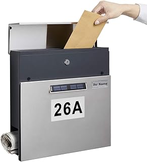 BONADE Edelstahl Briefkasten Solar Postkasten mit Beleuchteter Hausnummer Wandbriefkasten Automatische Nachtbeleuchtung, Zeitungsfach, Namensschild, 2 Schlüsseln