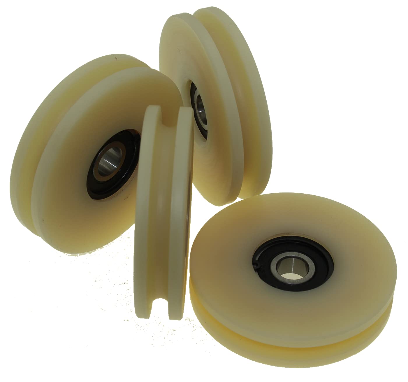 Pack of 4 x Nylon Pulley Wheels with 8 mm Round Groove 80 mm Diameter 12 mm bearing 100 kg Capacity Precisely Machined in the EU (80-8-12)
