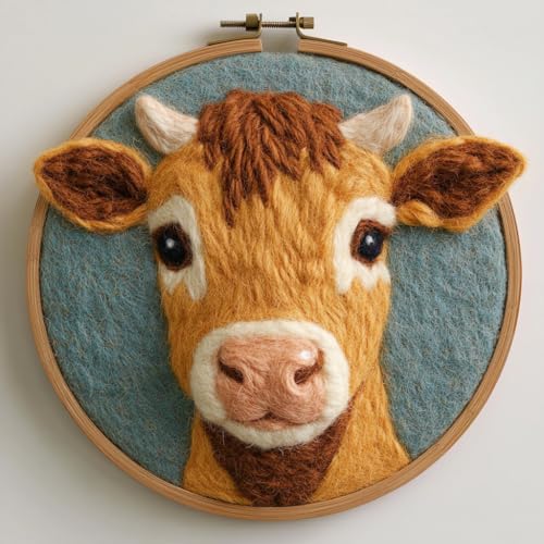 DIY Needle Felting Kits Jersey Cow with Frame Needle Felt Starter Set Handmade Wool Painting Art for Adults Decompress Home Decor 20x20cm-4