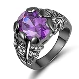 Huanhuan Men's Hot Oval Cut Huge Purple Amethyst CZ Black Gold Plated Rings Gift Size 7 to 13