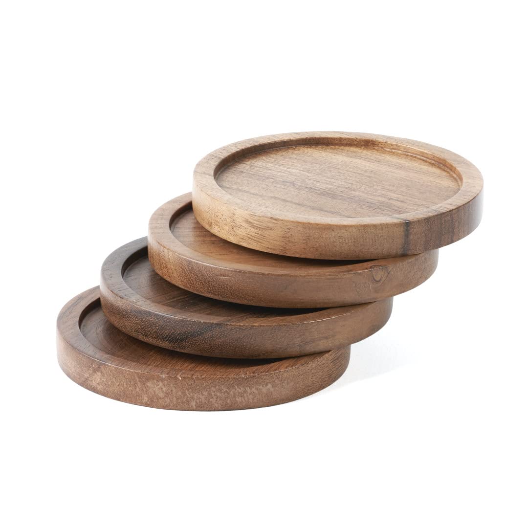 Hazelton Oaks Wooden Coasters Set of 4, Round Coaster with Lip, Acacia Wood Drinks Coasters, for Protection of Surfaces, Dining Table, Stylish Housewarming, Home and Office Accessory