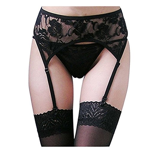 MISMXC Women's 3 Pieces Lace Garter Belt Stockings Sets with Butterfly Panty (Black 3#)