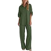 BWQ Womens linen 2 Piece Outfits Long Sleeve Button Down Shirt Wide Leg Pants Lounge Set S-2xl