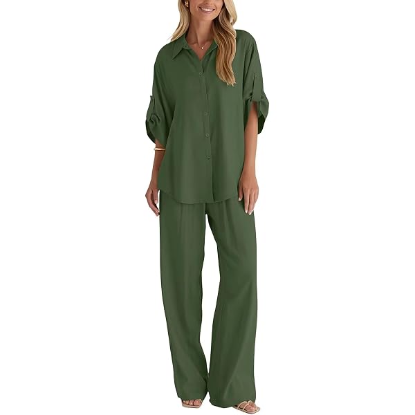 YES100QAQ Conjunto De Lino De 2 Piezas Para Mujer – Camisa De Manga Larga Con Solapa Y Pantalón De Pierna Ancha, Holgado Y Cómodo