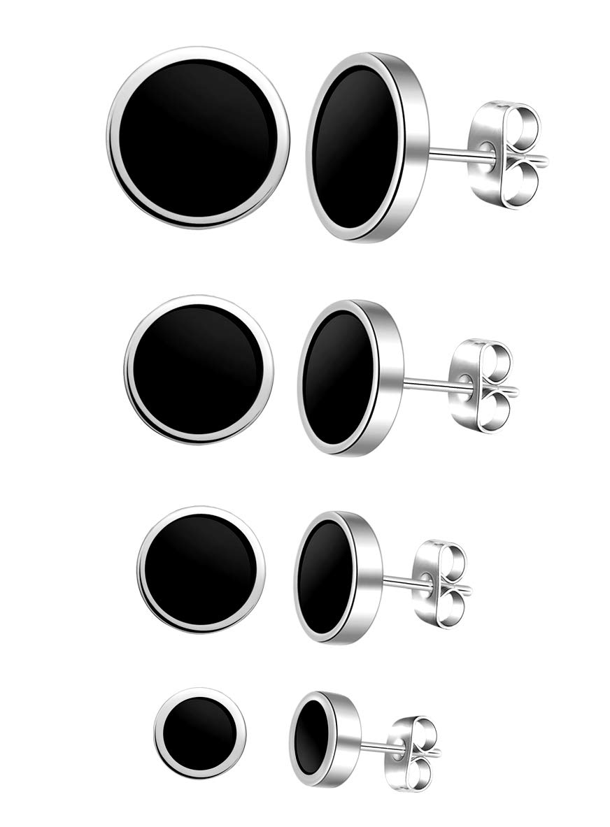 MicVivien 4 Pairs Stainless Steel Round Stud Earrings for Men Women with Black Enamel 6-12MM Set