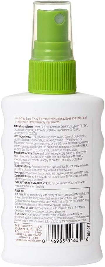 Quantum Buzz Away - Natural DEET-free Insect Repellent, Citronella Essential Oil Bug Spray, Original Formula - Small Children and Up, Travel Friendly - 6 Fl Oz: Health & Personal Care