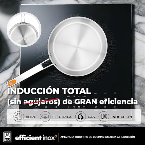 BRA Efficient Inox | Wok 28 cm, Three-Layer (18/10 Stainless Steel Interior + Aluminium Interior + 18/0 Magnetic Stainless Steel Exterior), Induction Safe, Non-Stick, Riveted Handle