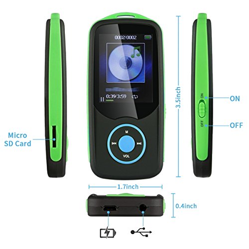 Mp3 Player with Bluetooth,Timmy Built in 16GB Portable Digital Music player (Green)