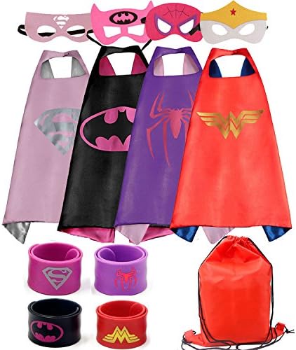 Dress up Costume Cape and Mask Set with Matching Shaped Rubber Wristbands and 1 Drawstring Bag for Kids, Birthday Party Children (4pcs for Girl)