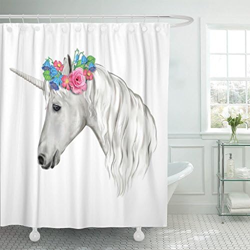 MAYTEC Shower Curtain Blue Graphic Unicorn with Wreath of Flowers White Horse Watercolor Digital Clip Colorful Animal Beautiful Waterproof Polyester Fabric 72 x 72 inches Set with Hooks