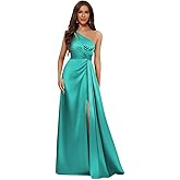 homdor One Shoulder Satin Bridesmaid Dresses Long with Slit Pleated A Line Formal Dress for Women