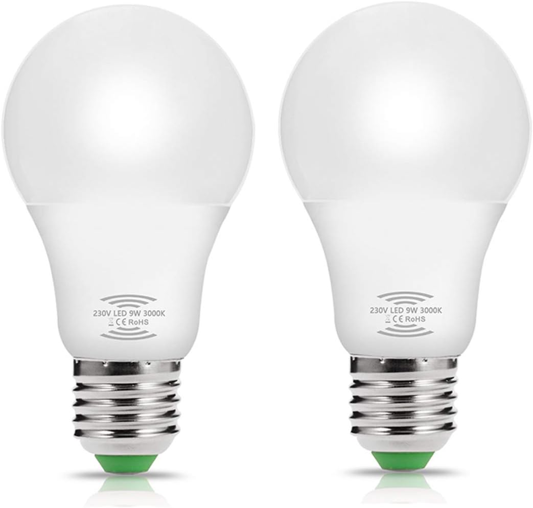 2 Pack 9W Radar Motion Sensor Bulbs, TECHGOMADE E27 (Warm White 3000K) Dusk Till Dawn with Auto On/Off for Indoor/Outdoor LED Lighting Lamp Bulbs for Porch,Hallway, Attic Home