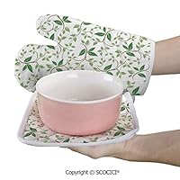 SCOCICI Oven Mitts,Professional Heat Resistant Ivy Patterns with Tiny Fancy Green Leaves Branches Creme Contemporary Non-Slip Kitchen Oven Glove for Cooking,Baking,Barbecue Potholders