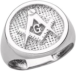 Solid 10k White Gold Square and Compass Masonic Men's Ring(Size 8)