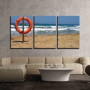 3 Piece Canvas Wall Art - Life Bouy in The Empty Beach of Crete, Greece - Modern Home Art Stretched and Framed Ready to Hang - 16"x24"x3 Panels