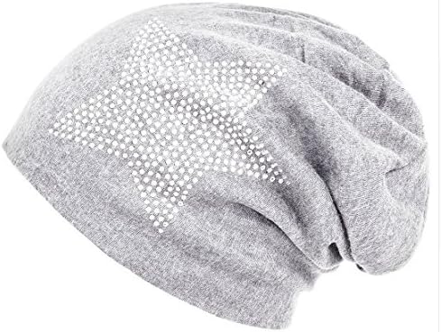 Unisex Men Women Classic Star Rhinestone Slouch Beanie Cap Cotton Hat Light Grey
