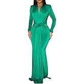 Memoriesea Women's Elegant Long Sleeve Deep V Neck Bodycon Party Evening Gown Maxi Dress