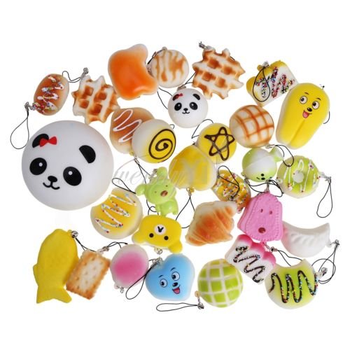 OE2 RANDOM SQUISHIES 20PCS PACK FOOD SHAPE JEWELRY BAG CELLPHONE CHARM PENDANT PU SQUISHY TOY KEY CHAIN STRAPS INCLUDED – PERFECT AS A GIFT FOR KIDS AND ADULTS ALSO GREAT FOR STRESS RELIEF