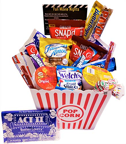 Movie Night Gift Basket Ultimate Care Package with Lots of Premium Candy Cookies Popcorn and Snacks in a Cool Retro Nostalgic Plastic Bucket & Kinayto "Fun Movie Night" Poem
