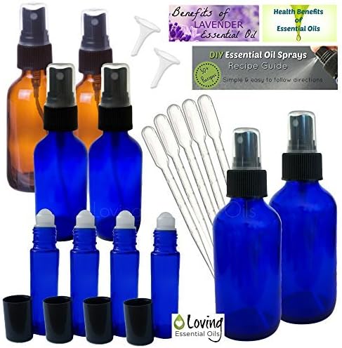 Essential Oil Bottles: 20 PC Kit for Aromatherapy. Blue and Amber Glass Empty Fine Mist Spray Bottle Set, Roller Bottles, Lavender Guide, Benefits of Essential Oils, DIY Recipes Guide.