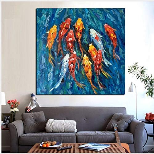 WUHOS Wall Art Picture Traditional Chinese Abstract Landscape Oil Painting Print Nine Koi Fish On Canvas Poster For Living Room Decor 40X50Cm