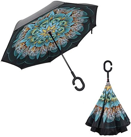 Creative Inverted Umbrella, Double Layer Windproof Anti-UV Sun and Rain Umbrellas with Hands Free Handle, Perfect Business, Birthday, Christmas Gifts (Peacock Blue)
