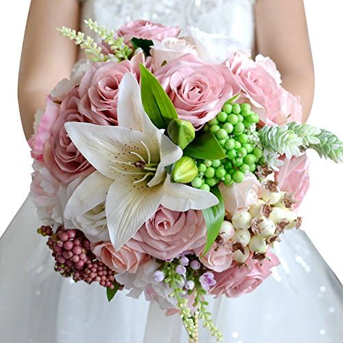 Heartgown Artificial Rose Lily Plants Wedding Bouquets - Handmade Decorative Real Touch Silk Bridal Holding Flowers with Beading Handle