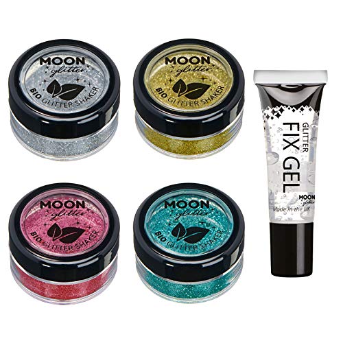Biodegradable Eco Glitter Shakers by Moon Glitter - 100% Cosmetic Bio Glitter for Face, Body, Nails, Hair and Lips - 5g - Set of 4 - plus Glitter Fix Gel