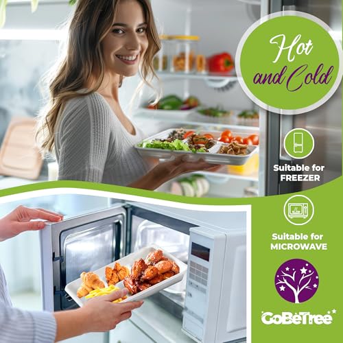 GoBeTree 100 x 26cm Disposable Plates with 5 Compartments Sugarcane Plates Heavy Duty Disposable Tableware White