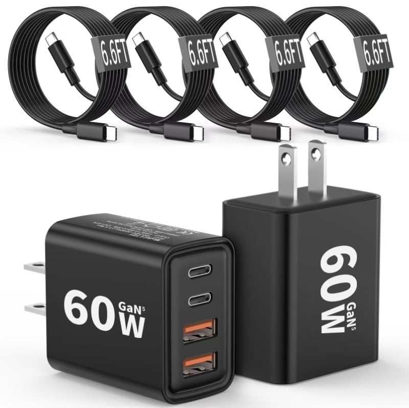 Photo 1 of 2 Pack USB C Charger Block 60W, 4-Port GaN5 Super Fast Phone Charger, Type C Charging Block PD 20W & QC 20W with 6.6FT USB C Cables for iPhone 17 Air/17/16/15 Pro Max Samsung Galaxy S24