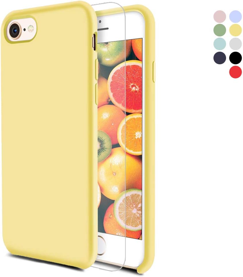 Feyten iPhone 8/ iPhone 7 Case [with Free Tempered Screen Protector], Liquid Silicone Gel Rubber Soft Touch Cover Full Protective Case for iPhone 8/ iPhone 7 4.7" (Lemon Yellow)