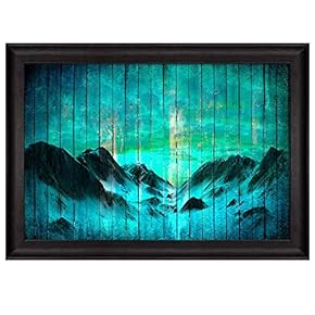 Mountains Over Teal Blue Wooden Panels with a...