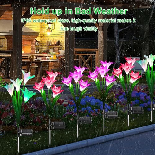 Dolucky Solar Garden Lights, 4 Pack Solar Lights Outdoor with 16 Lily Flowers, Multicolor Changing Solar Flower Lights Waterproof for Patio Lawn Garden Yard Pathway Outside Decoration