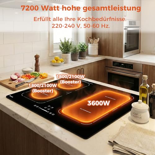 Topwish Induction Hob 4 Plates with Flex Zones, Induction Hob Built-in 60 cm, Hob 4 Hobs with Boost Function, Timer, Child Lock, Overheating Protection and Keeping Warm, 7200 W