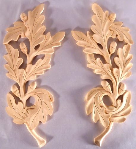 11"H X 4 3/4"W X 3/4"TH, Hand Carved Solid Wood Leaf Medallion Onlay Applique Corbel (Pair L&R) OW707