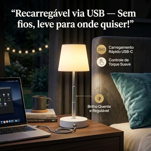 Abajur de Mesa LED Recarregável Luminária Sem Fio Touch 3 Níveis de Brilho Ajustável USB-C Decorativa Quarto Cabeceira Sala Escritório JP Varejo Online