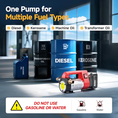 TaskStar Fuel Transfer Pump Battery Powered, 21V DC Cordless Diesel Transfer Pump Kit w/ 1X4.0Ah Battery, 12GPM Portable Self-Priming Pump Kit w/Nozzle&Hose Auto Shut Off for Diesel & Kerosene