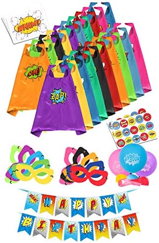 Superhero Capes for Kids Toys - Super Hero Birthday Party Supplies - Dress Up Clothes for Boys and Girls – Pinata Heroes Costumes, Masks, Stickers, Balloons and Banner Favors Set (Bulk) (20 Pack)