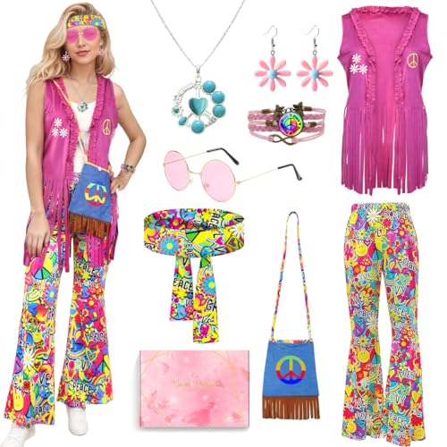 HEITOYI Women's Hippie Costume, 70s Costume with Dress, Vest, Trousers and Accessories, Carnival Costumes Adult Women, Cosplay Hippie for Halloween, Carnival, Party