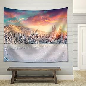 Colorful Winter Panorama in The Carpathian Mountains - Fabric Wall Tapestry Home Decor - 51x60 inches
