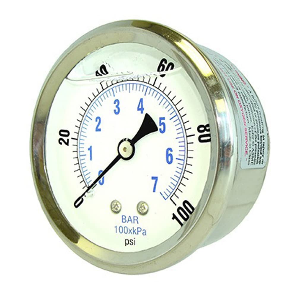 PIC Gauge PRO-202L-254E Glycerin Filled Industrial Center Back Mount Pressure Gauge with Stainless Steel Case, Brass Internals, Plastic Lens, 2-1/2" Dial Size, 1/4" Male NPT, 0/100 psi