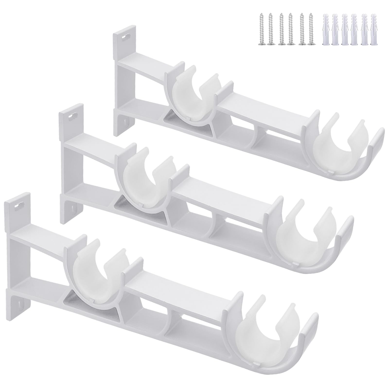 3 Pack Curtain Pole Brackets, Double Curtain Rod Brackets White Curtain Rod Holders Heavy Duty Rod Hooks for 1 Inch Rod