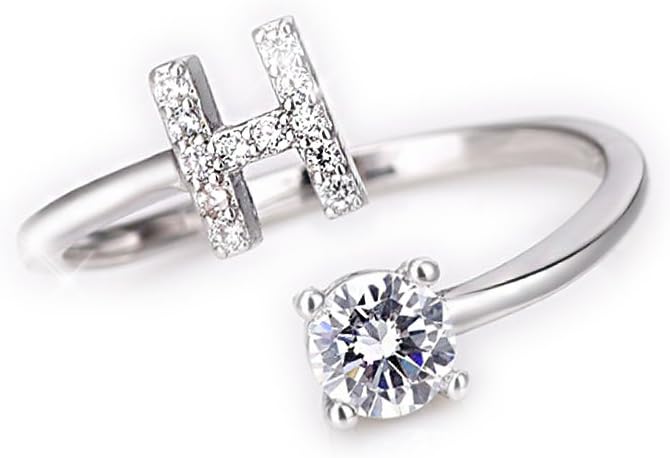 Women's ring with crystals - solitaire with initial letter rhodium plated - adjustable size - all the alphabeth letters - from size J to R